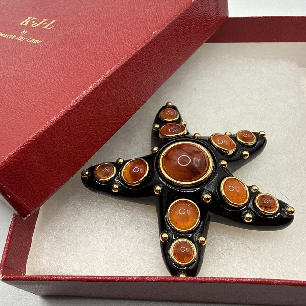 Vintage KJL Kenneth Jay Lane Black Amber Starfish Pin W Box